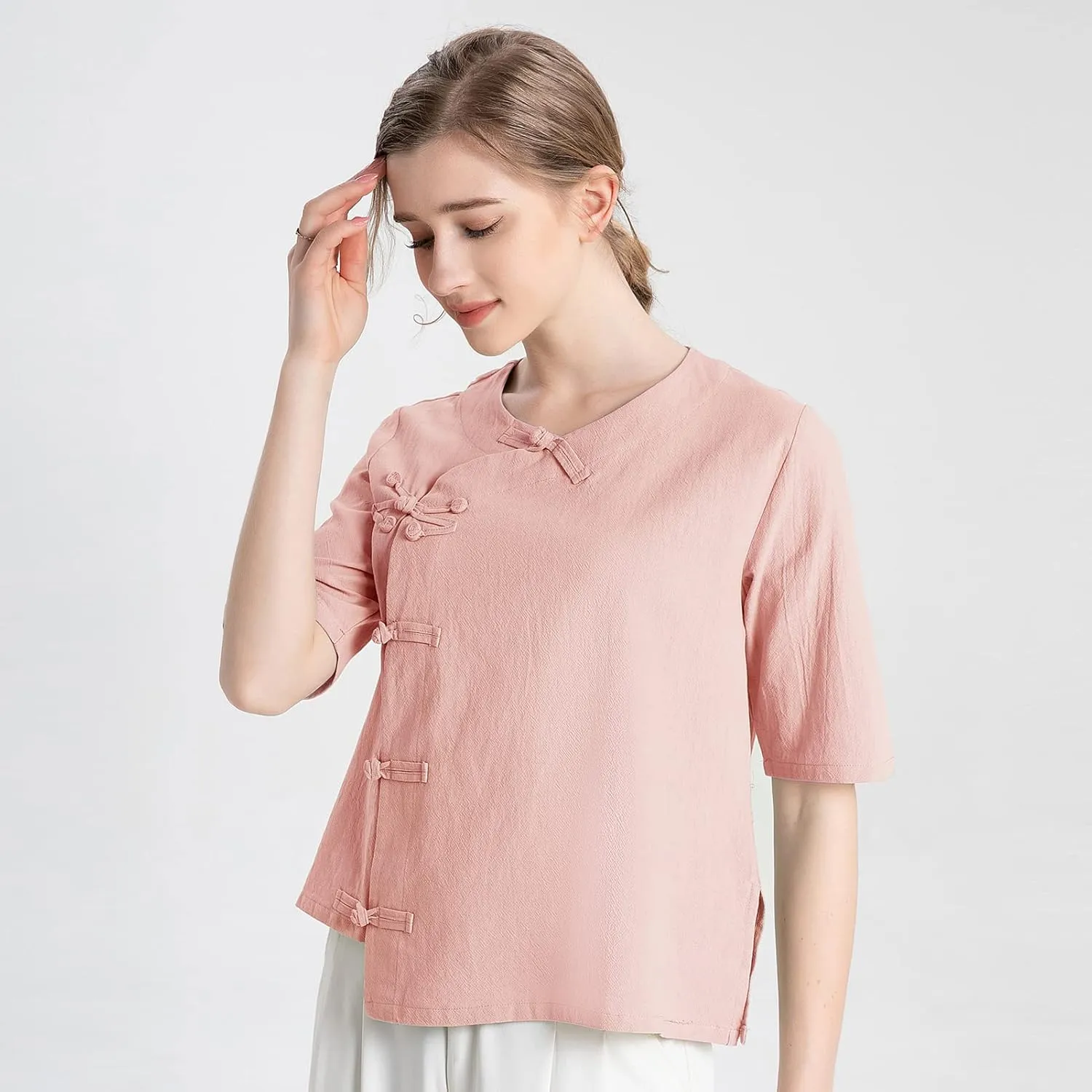 Kedera Women's Loose Cotton Linen Blouse Round Neck with Chinese Frog Button Tops