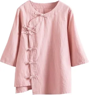 Kedera Women's Loose Cotton Linen Blouse Round Neck with Chinese Frog Button Tops