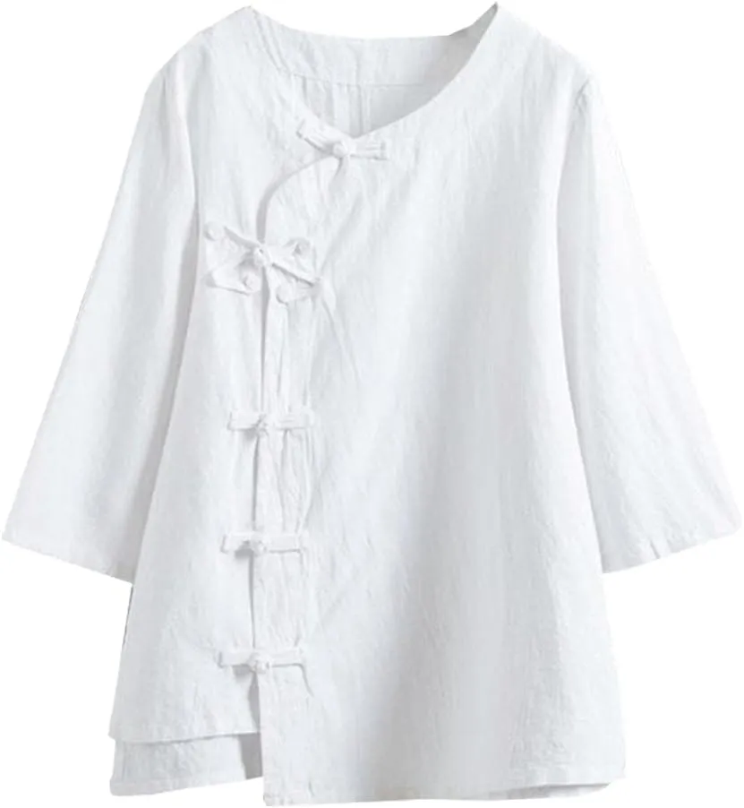 Kedera Women's Loose Cotton Linen Blouse Round Neck with Chinese Frog Button Tops