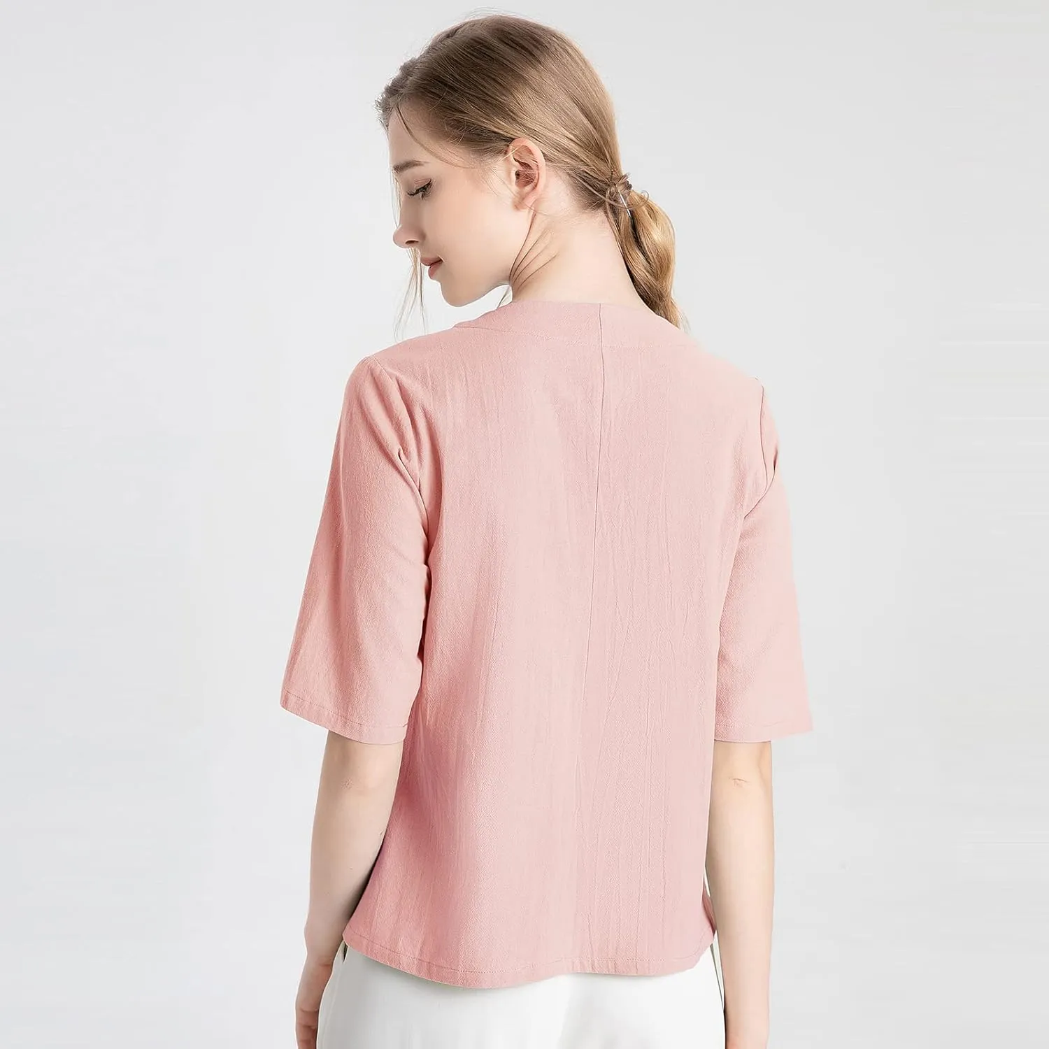 Kedera Women's Loose Cotton Linen Blouse Round Neck with Chinese Frog Button Tops