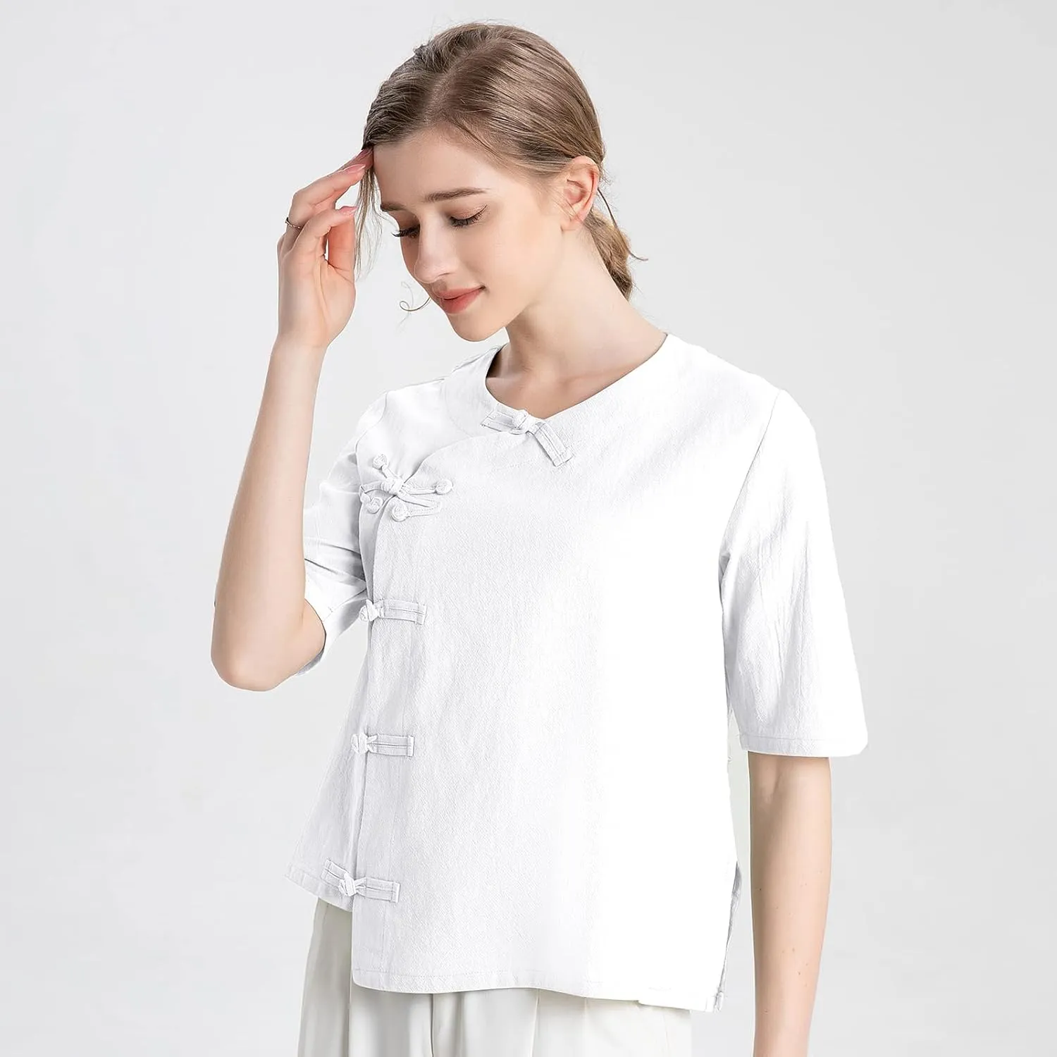 Kedera Women's Loose Cotton Linen Blouse Round Neck with Chinese Frog Button Tops