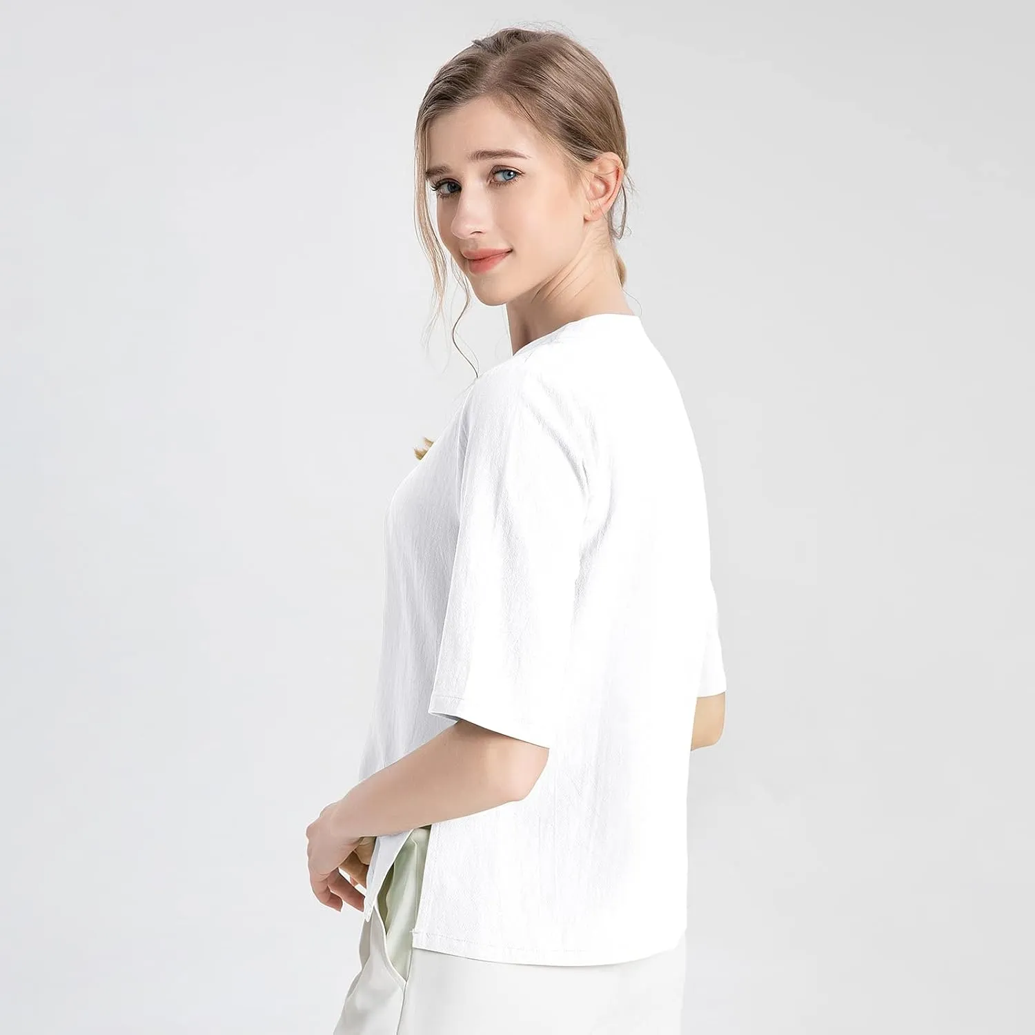 Kedera Women's Loose Cotton Linen Blouse Round Neck with Chinese Frog Button Tops
