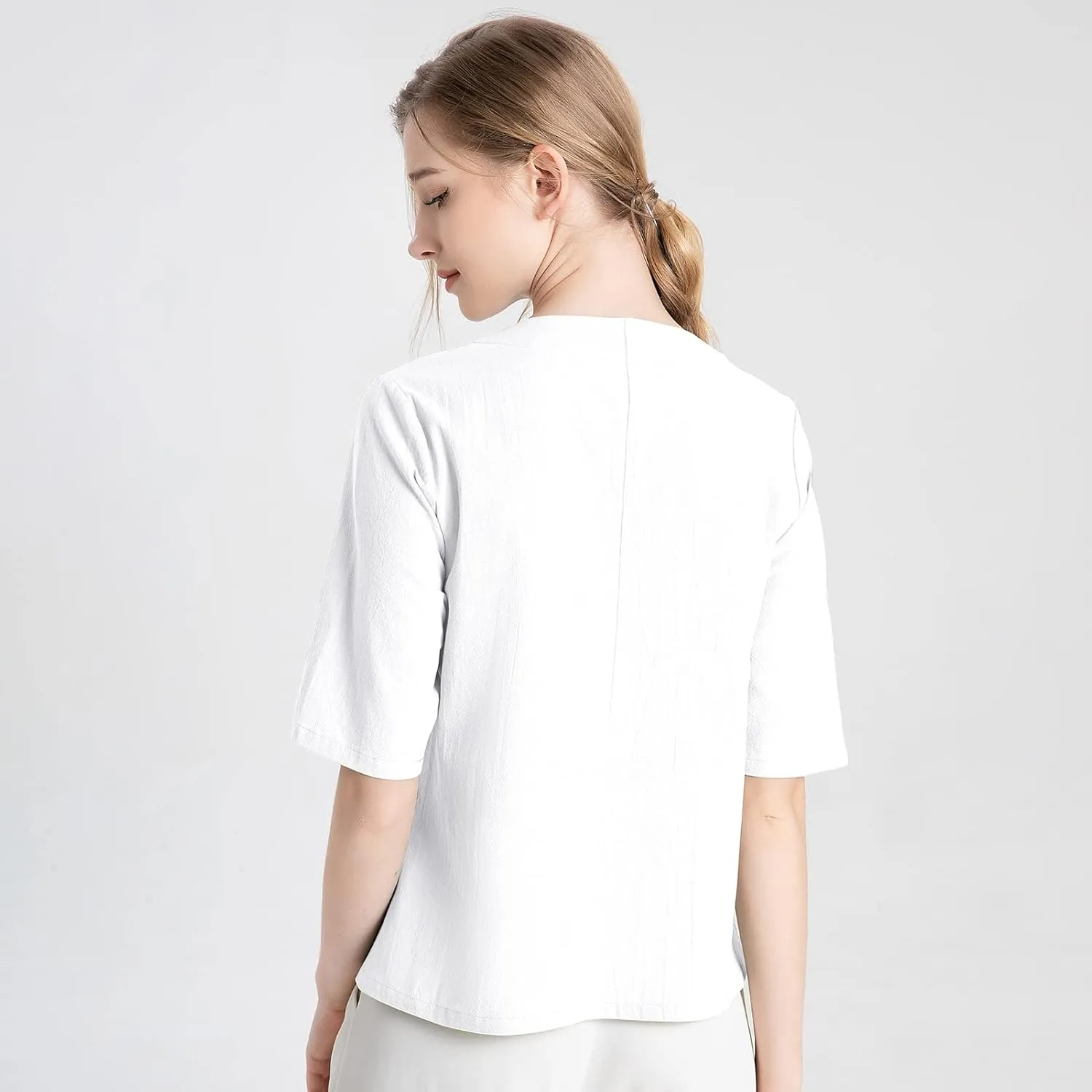Kedera Women's Loose Cotton Linen Blouse Round Neck with Chinese Frog Button Tops
