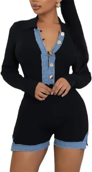 ksotutm Women's Sexy V Neck Long Sleeve Shorts Jumpsuit Button Front Bodycon Knit Rompers Slim Fit Club Party Overalls