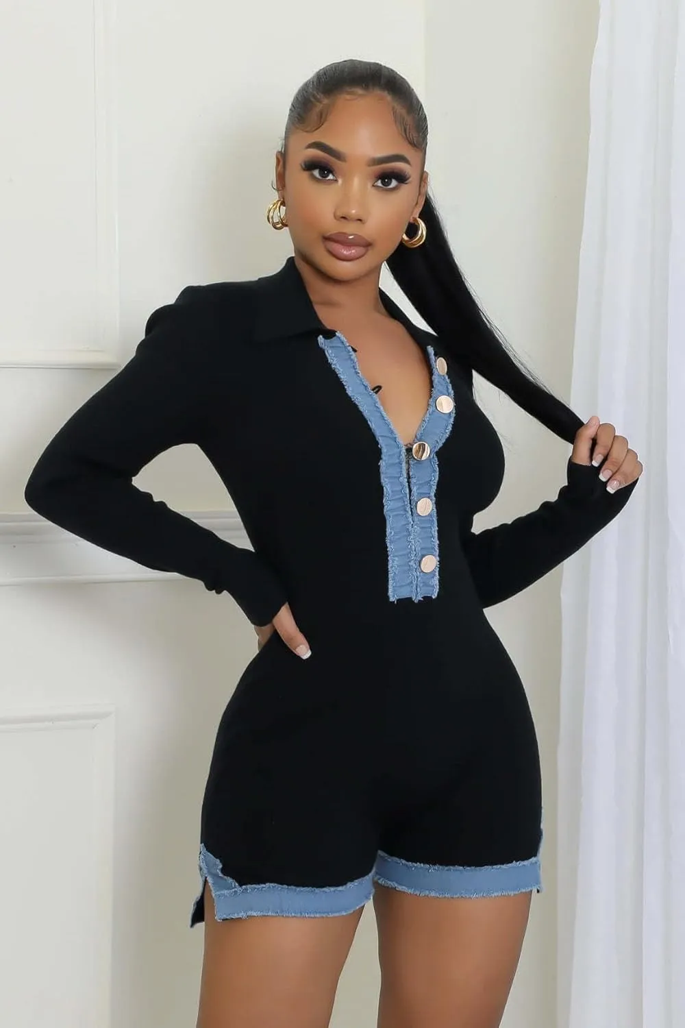 ksotutm Women's Sexy V Neck Long Sleeve Shorts Jumpsuit Button Front Bodycon Knit Rompers Slim Fit Club Party Overalls