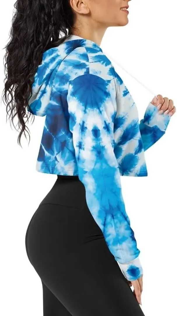 Ladies All-over Print Crop Tops Hoody with Drawstring Fall Cropped Clothes Pullover Sweatshirts for Women