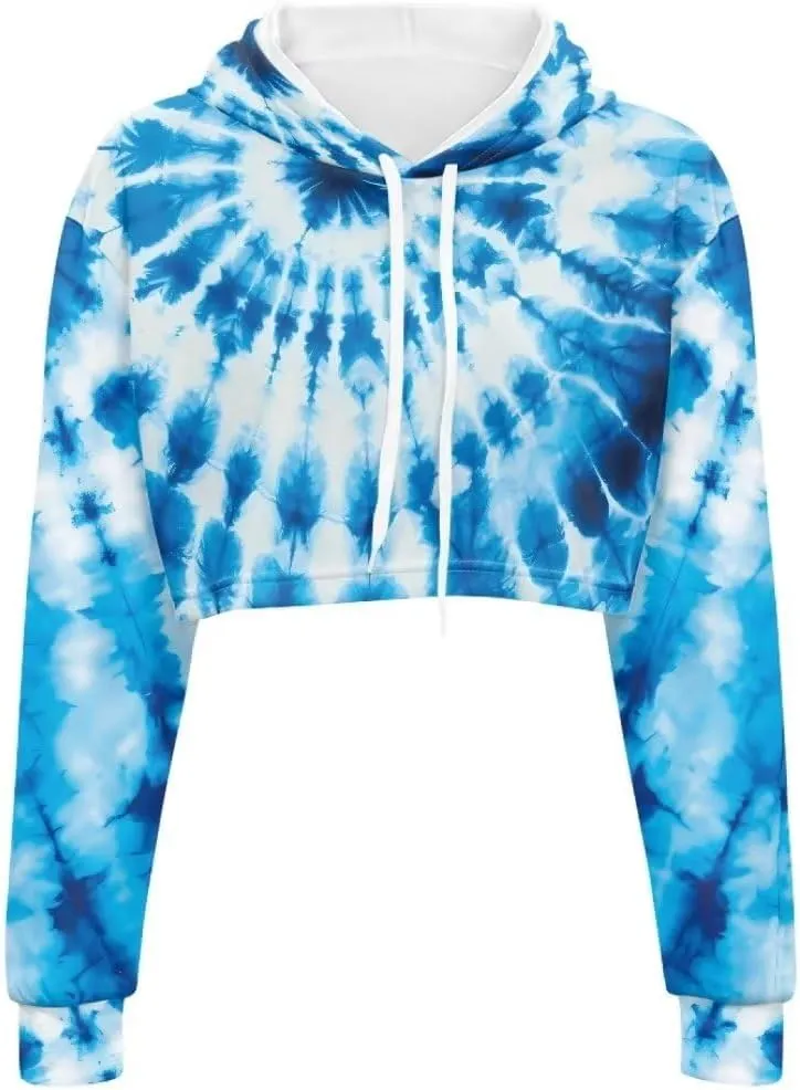 Ladies All-over Print Crop Tops Hoody with Drawstring Fall Cropped Clothes Pullover Sweatshirts for Women