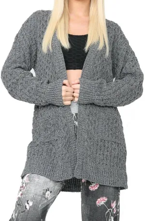 Ladies Chunky Knitted Cardigan Pocketed Marl Sweater Ladies Winter Wear Long Sleeve Cardigan Top