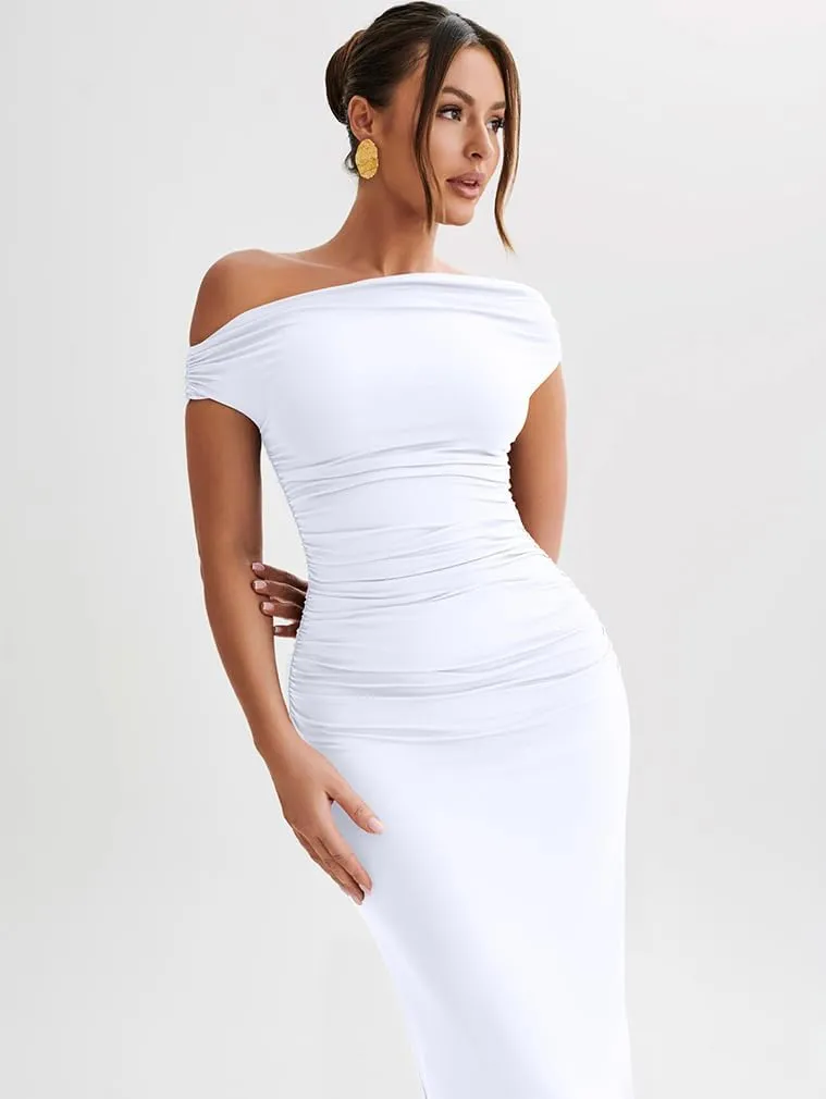LAGSHIAN Women's Elegant One Shoulder Sleeveless Bodycon Ruched Party Cocktail Formal Midi Dress