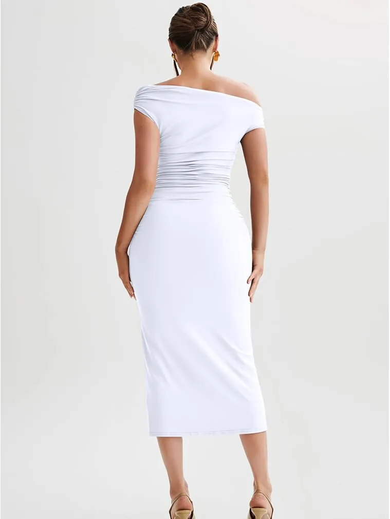 LAGSHIAN Women's Elegant One Shoulder Sleeveless Bodycon Ruched Party Cocktail Formal Midi Dress