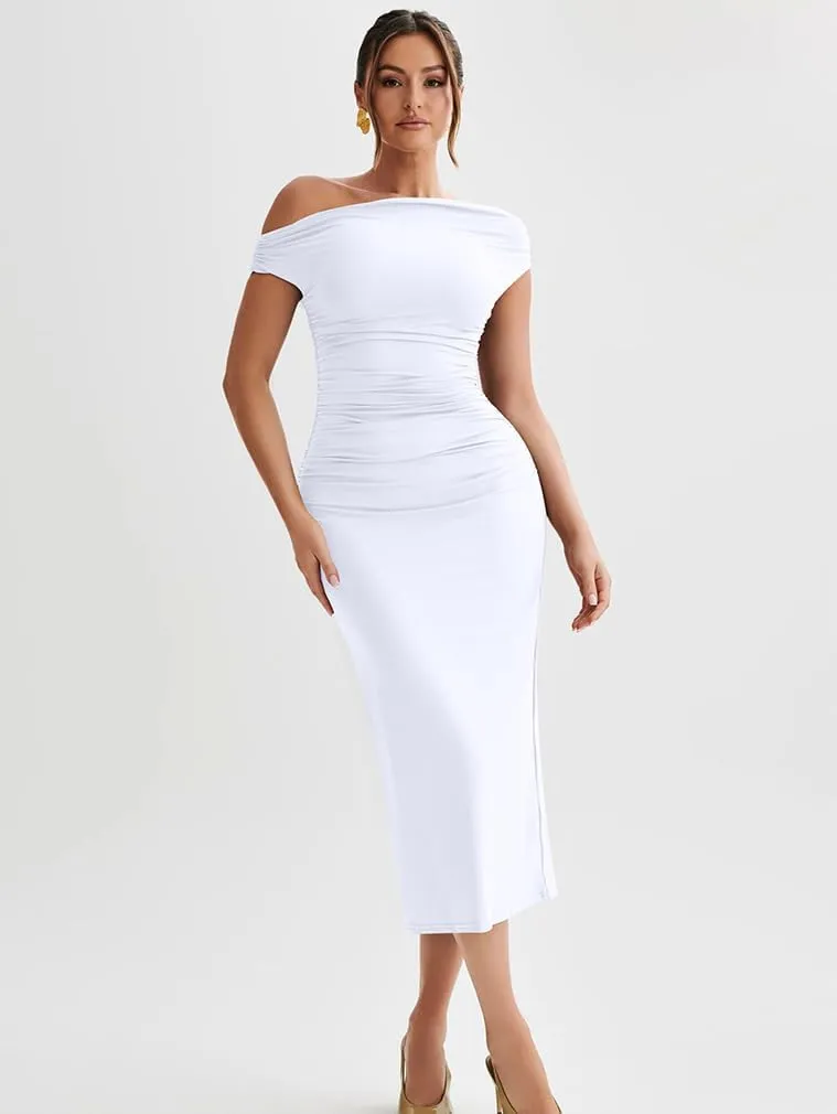 LAGSHIAN Women's Elegant One Shoulder Sleeveless Bodycon Ruched Party Cocktail Formal Midi Dress