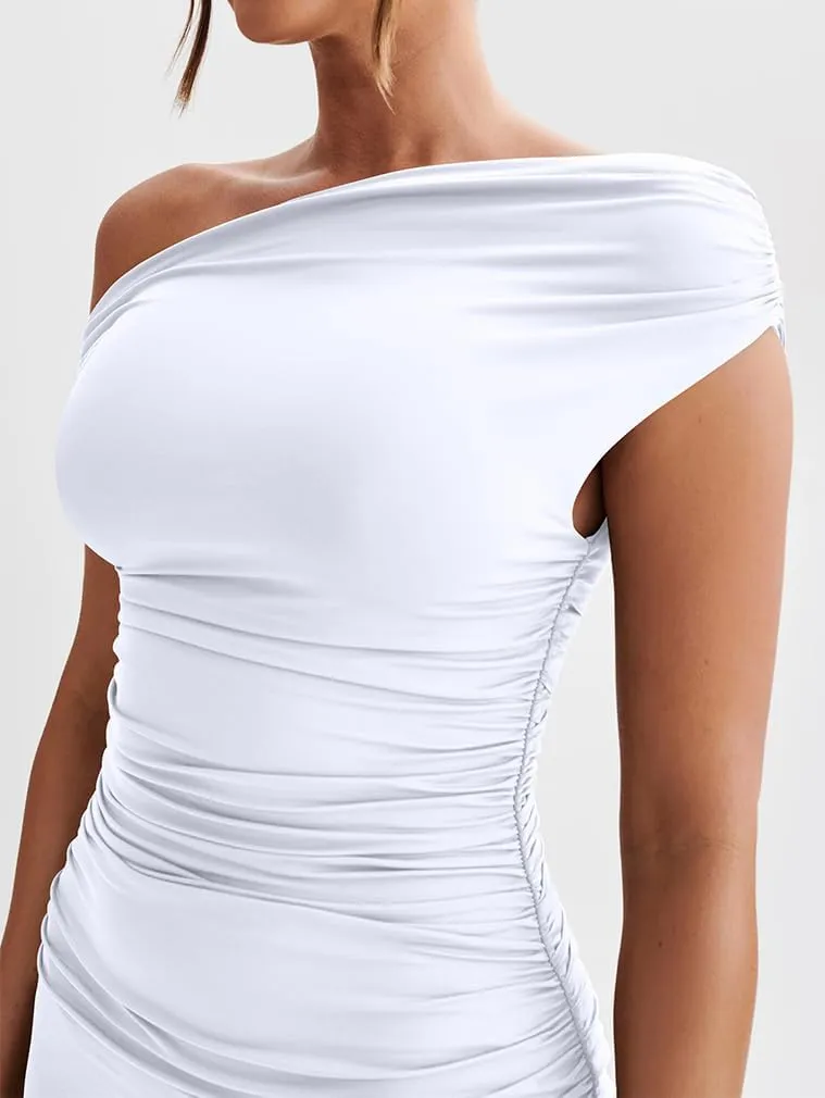 LAGSHIAN Women's Elegant One Shoulder Sleeveless Bodycon Ruched Party Cocktail Formal Midi Dress