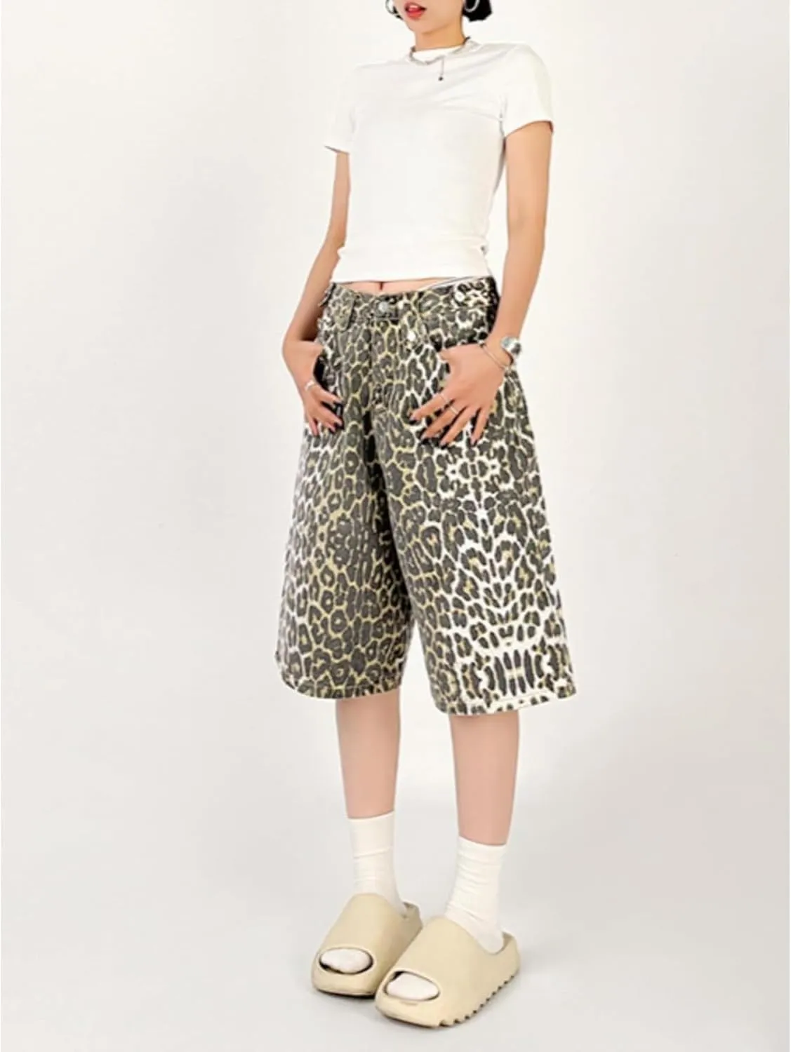 Leopard Print Wide Leg Denim Y2K High Waisted Baggy Jean Shorts Vintage Streetwear Casual Loose Jorts