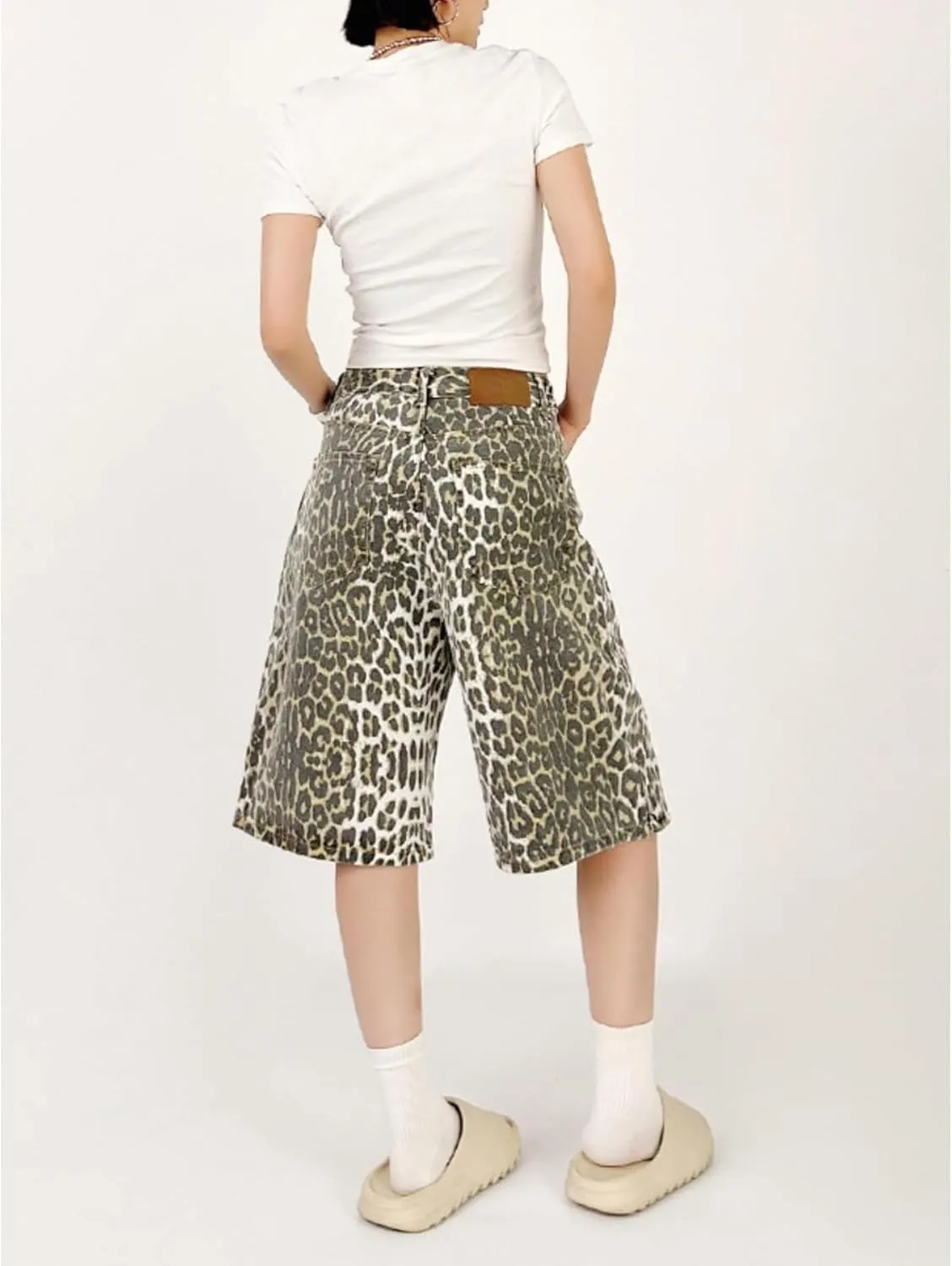 Leopard Print Wide Leg Denim Y2K High Waisted Baggy Jean Shorts Vintage Streetwear Casual Loose Jorts