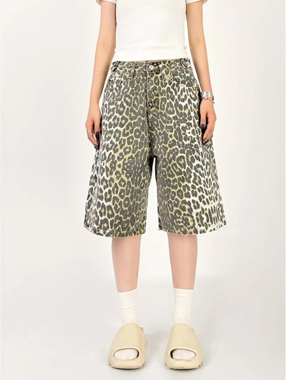 Leopard Print Wide Leg Denim Y2K High Waisted Baggy Jean Shorts Vintage Streetwear Casual Loose Jorts