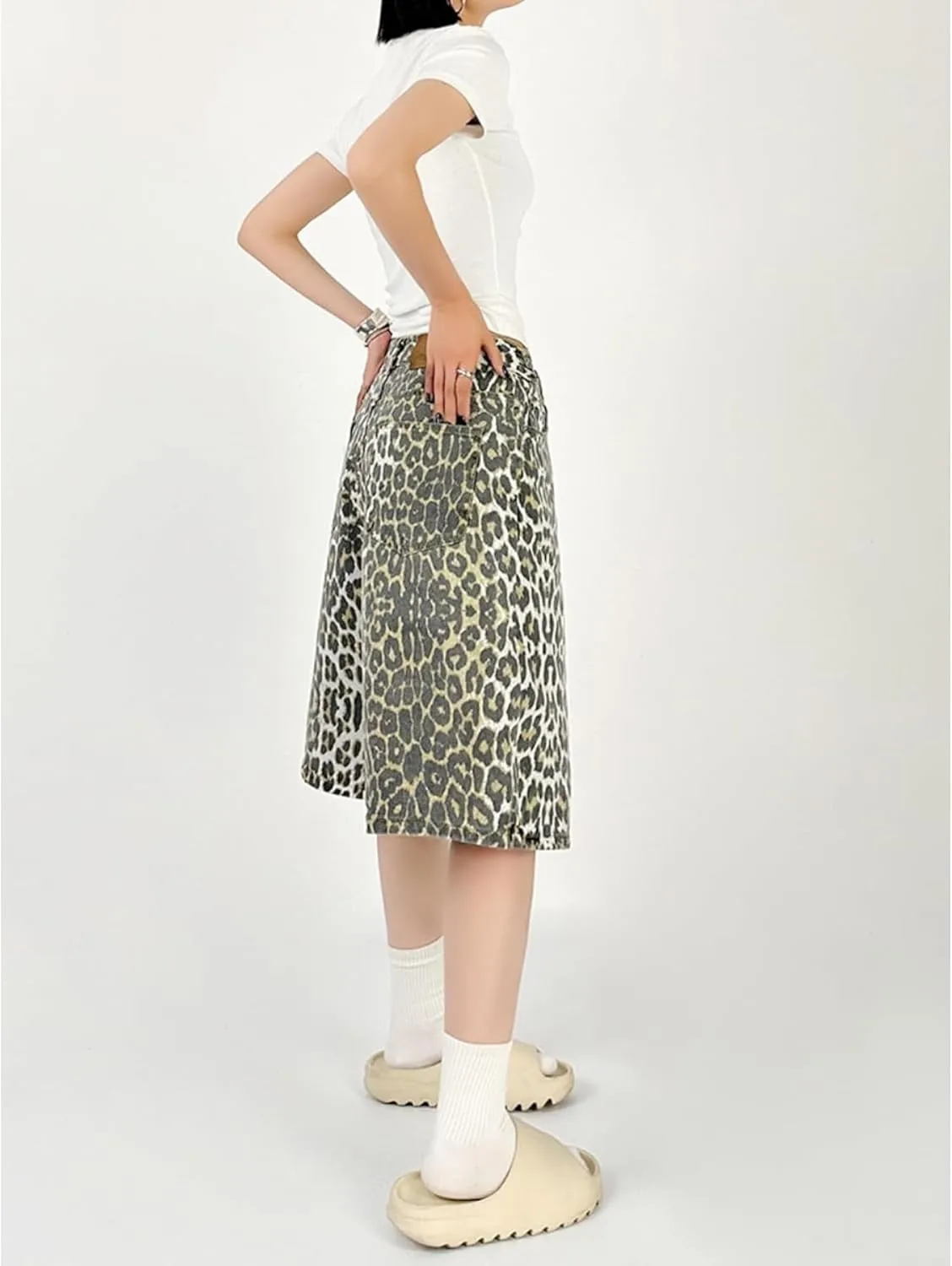 Leopard Print Wide Leg Denim Y2K High Waisted Baggy Jean Shorts Vintage Streetwear Casual Loose Jorts