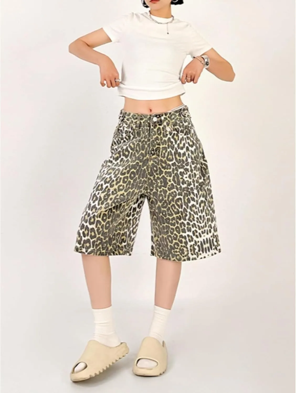 Leopard Print Wide Leg Denim Y2K High Waisted Baggy Jean Shorts Vintage Streetwear Casual Loose Jorts