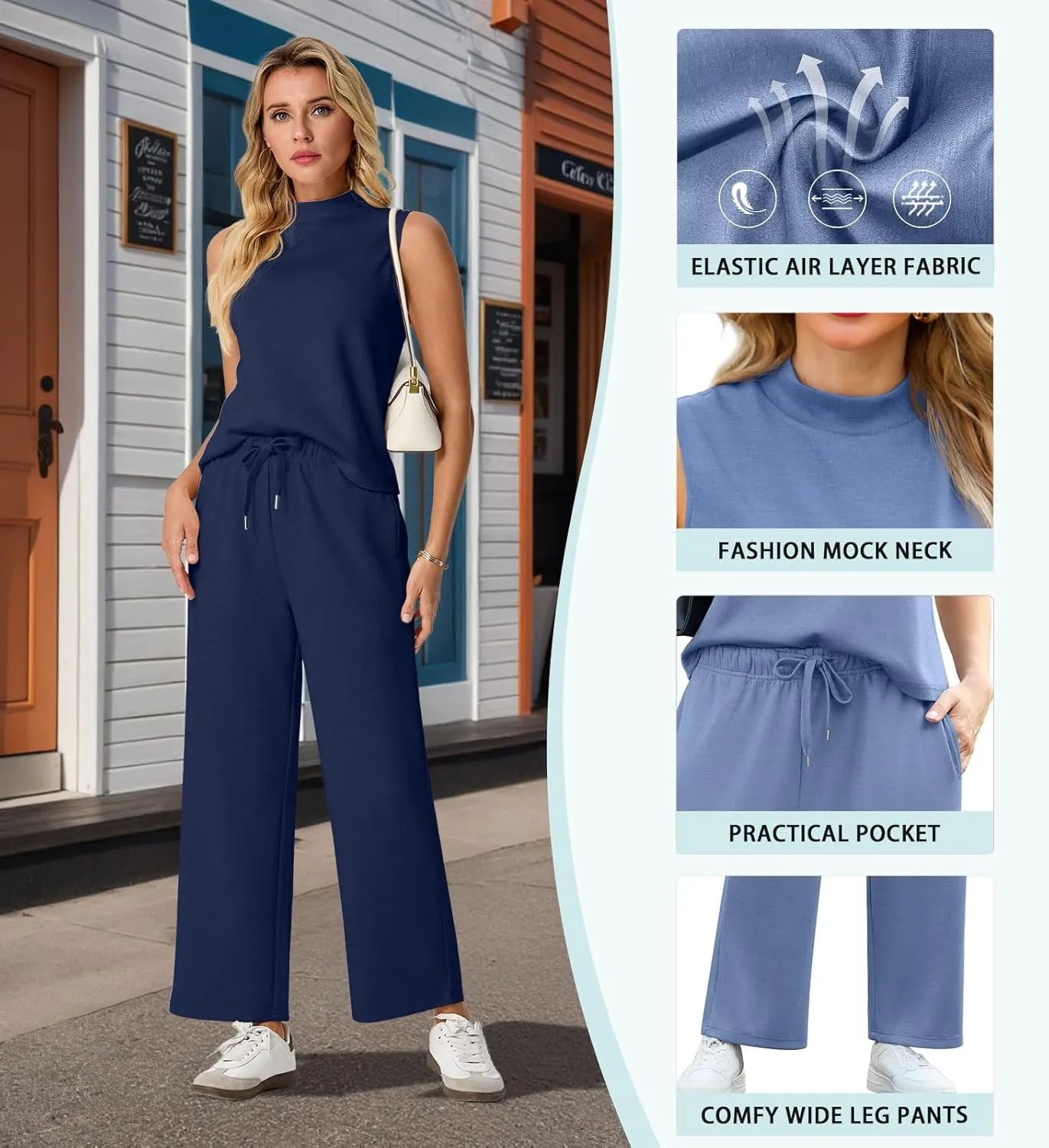 Lepunuo Two Piece Sets for Women Summer Mock Neck Sleeveless Top Wide Leg Pants Lounge Sets Vacation Travel Outfits