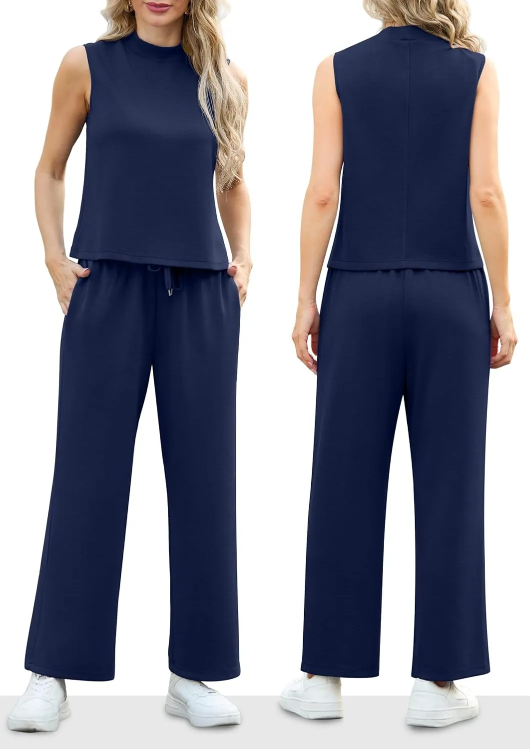 Lepunuo Two Piece Sets for Women Summer Mock Neck Sleeveless Top Wide Leg Pants Lounge Sets Vacation Travel Outfits