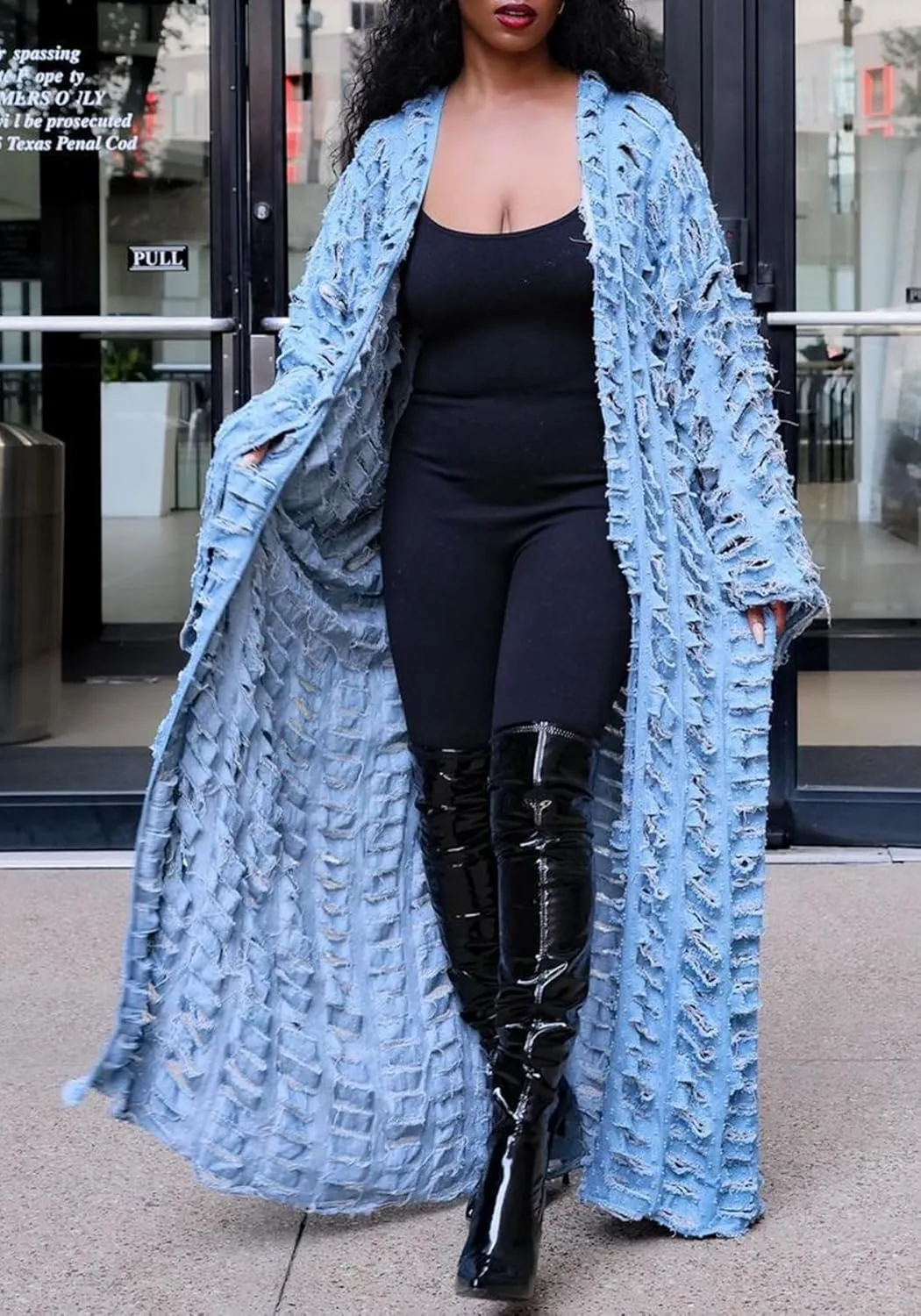 LETSVDO Women's Ripped Denim Duster Kimono Cardigan Oversized Distressed Hollow Out Open Front Long Jean Jacket Coat