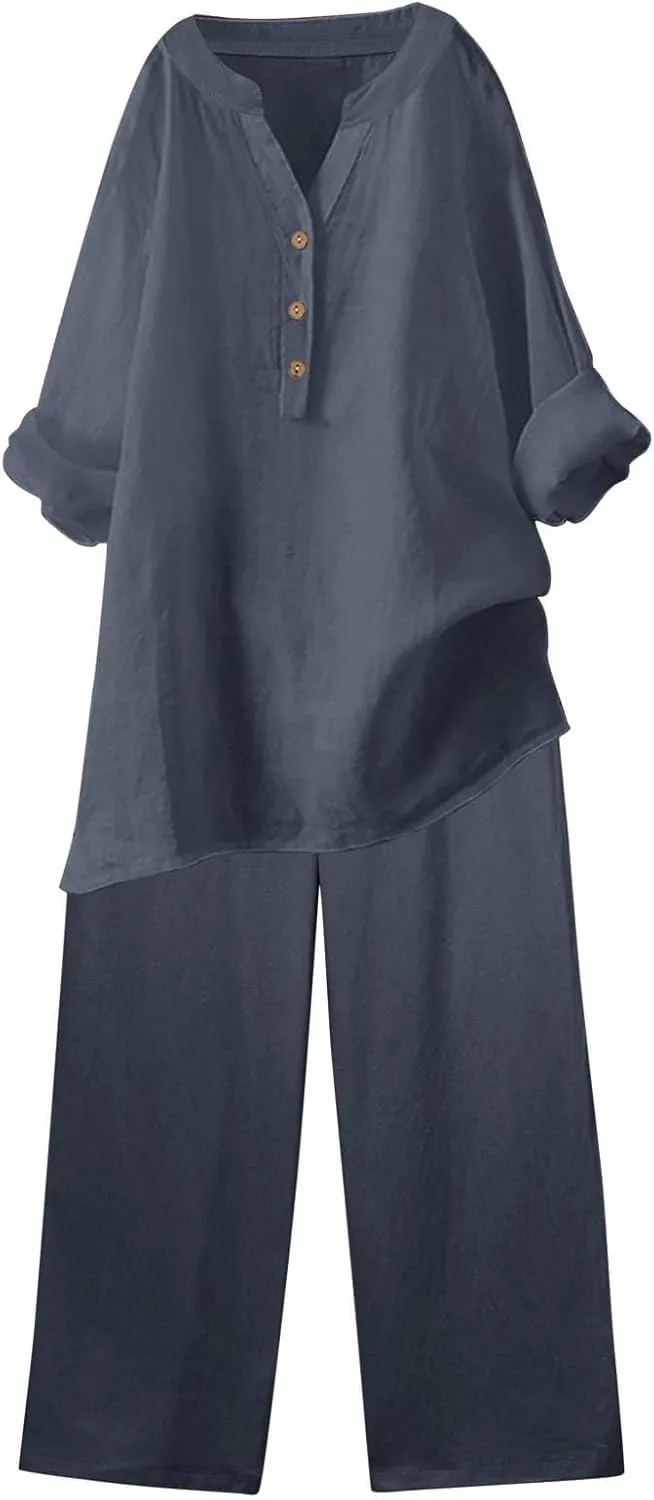 Linen Sets for Women 2 Piece Linen and Cotton Set Plus Size Lounge Matching Business Casual Summer Outfits for Women