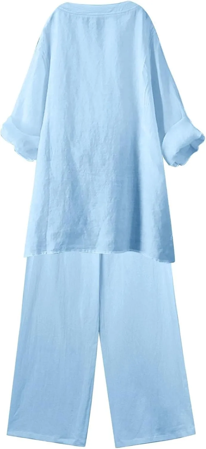 Linen Sets for Women 2 Piece Linen and Cotton Set Plus Size Lounge Matching Business Casual Summer Outfits for Women