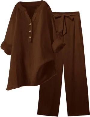 Linen Sets for Women 2 Piece Linen and Cotton Set Plus Size Lounge Matching Business Casual Summer Outfits for Women