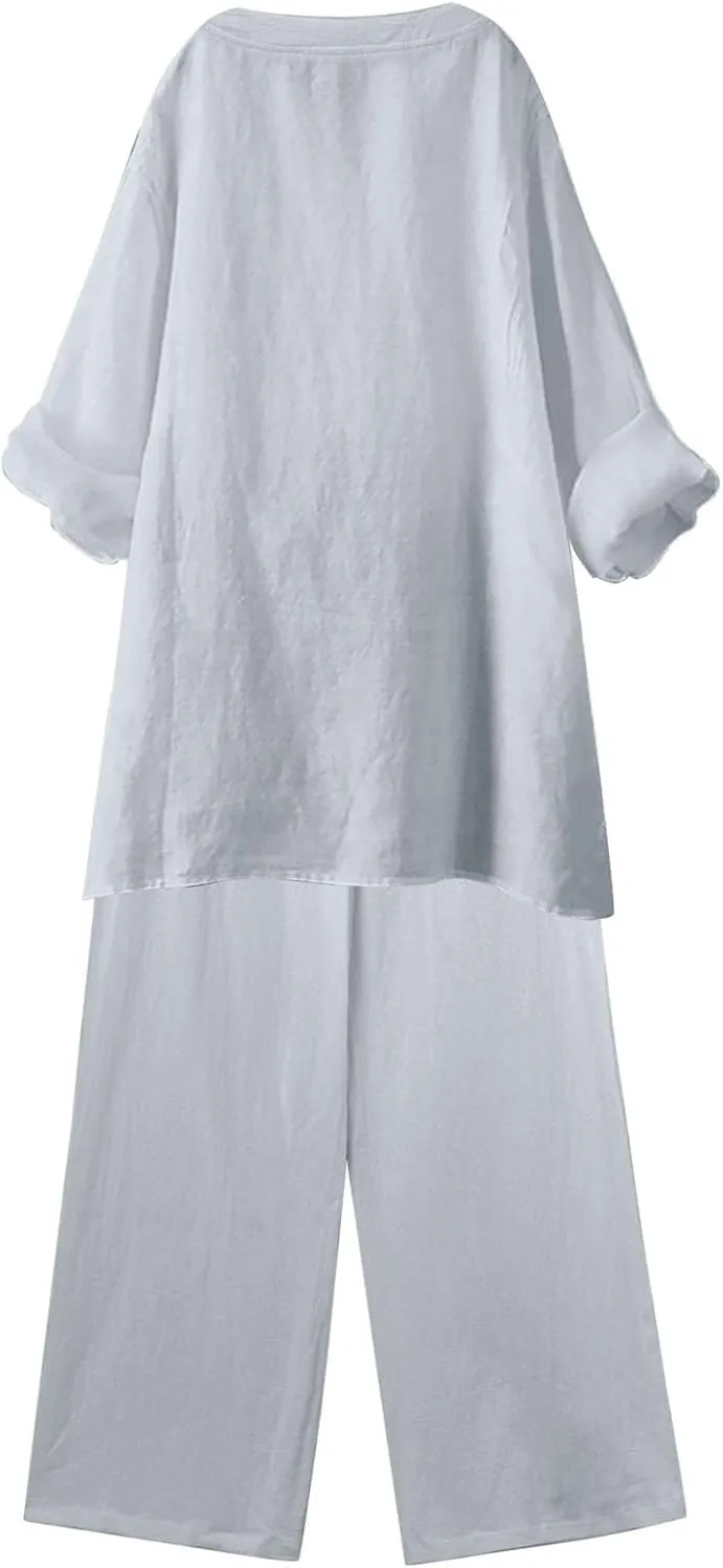 Linen Sets for Women 2 Piece Linen and Cotton Set Plus Size Lounge Matching Business Casual Summer Outfits for Women