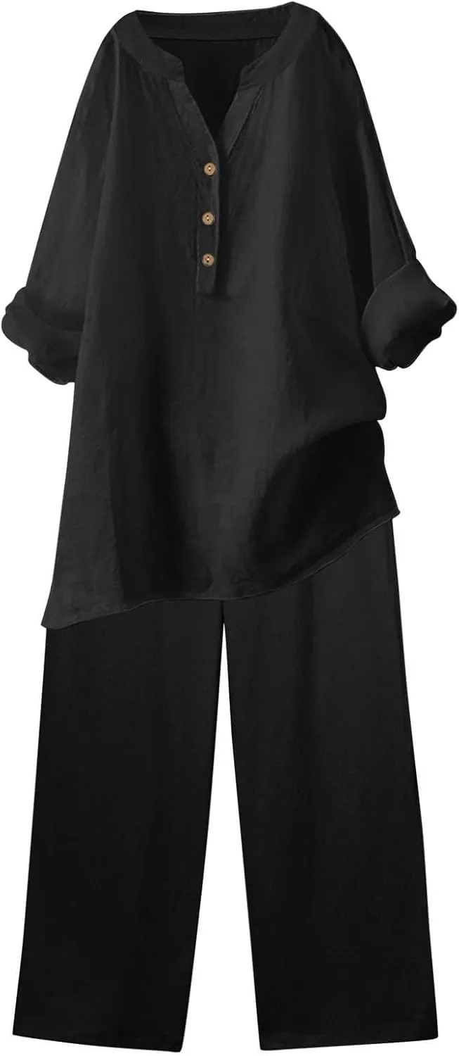 Linen Sets for Women 2 Piece Linen and Cotton Set Plus Size Lounge Matching Business Casual Summer Outfits for Women
