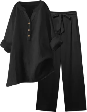Linen Sets for Women 2 Piece Linen and Cotton Set Plus Size Lounge Matching Business Casual Summer Outfits for Women