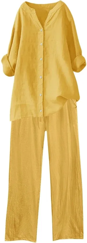 Linen Sets for Women 2 Piece Linen and Cotton Set Plus Size Lounge Matching Business Casual Summer Outfits for Women