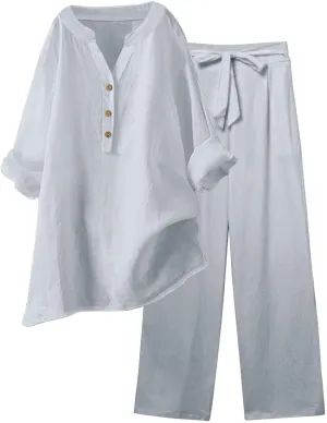 Linen Sets for Women 2 Piece Linen and Cotton Set Plus Size Lounge Matching Business Casual Summer Outfits for Women