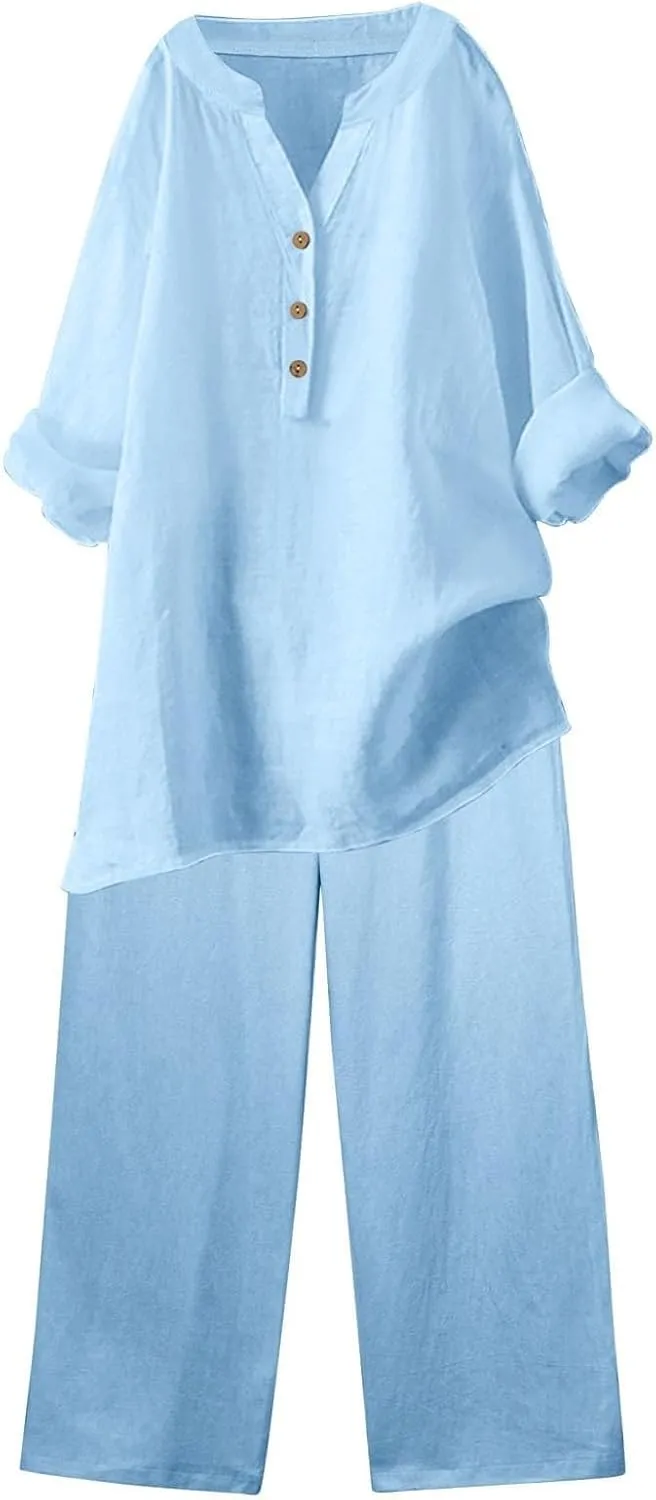 Linen Sets for Women 2 Piece Linen and Cotton Set Plus Size Lounge Matching Business Casual Summer Outfits for Women
