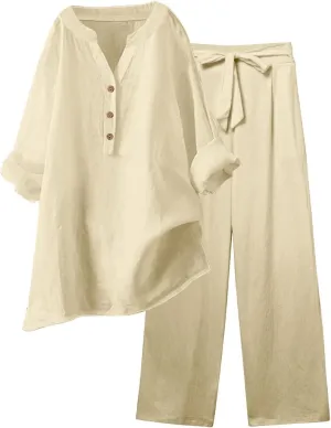 Linen Sets for Women 2 Piece Linen and Cotton Set Plus Size Lounge Matching Business Casual Summer Outfits for Women