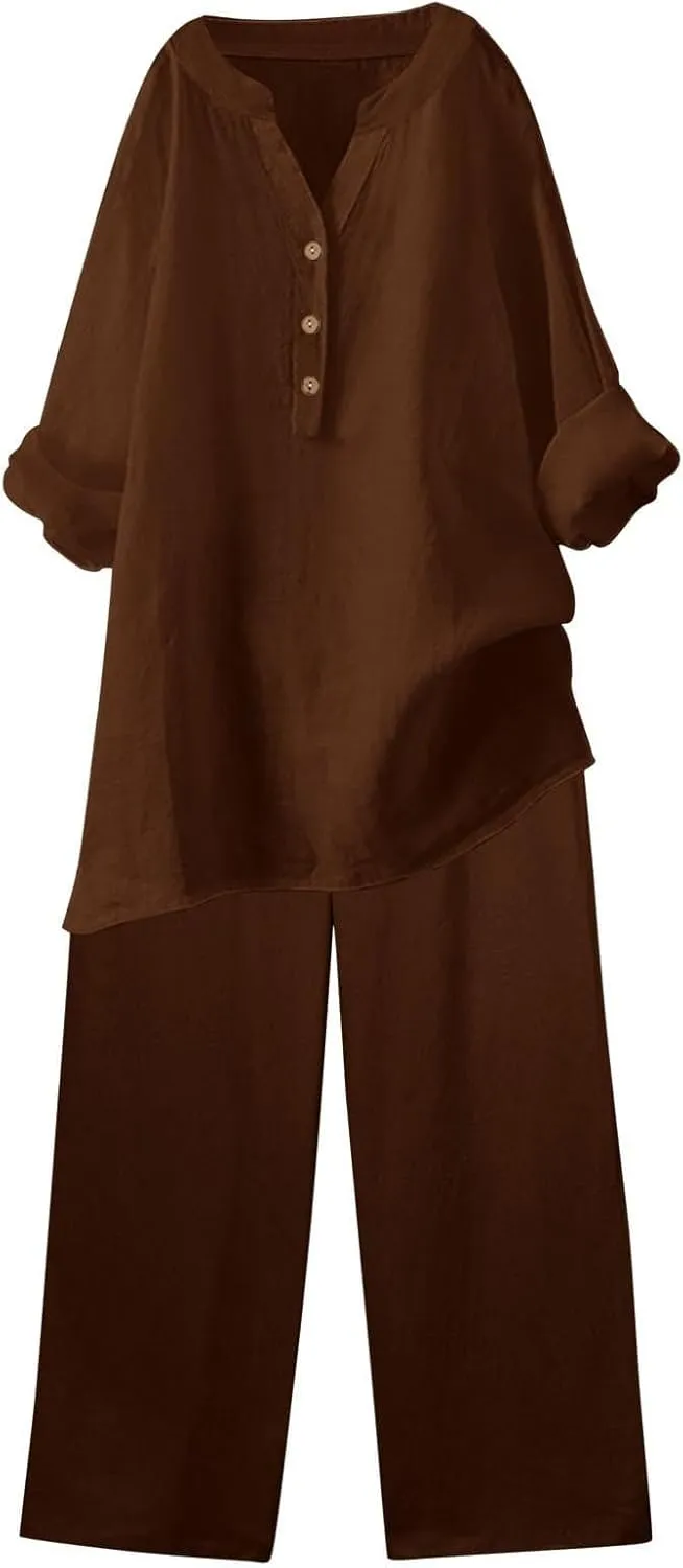 Linen Sets for Women 2 Piece Linen and Cotton Set Plus Size Lounge Matching Business Casual Summer Outfits for Women