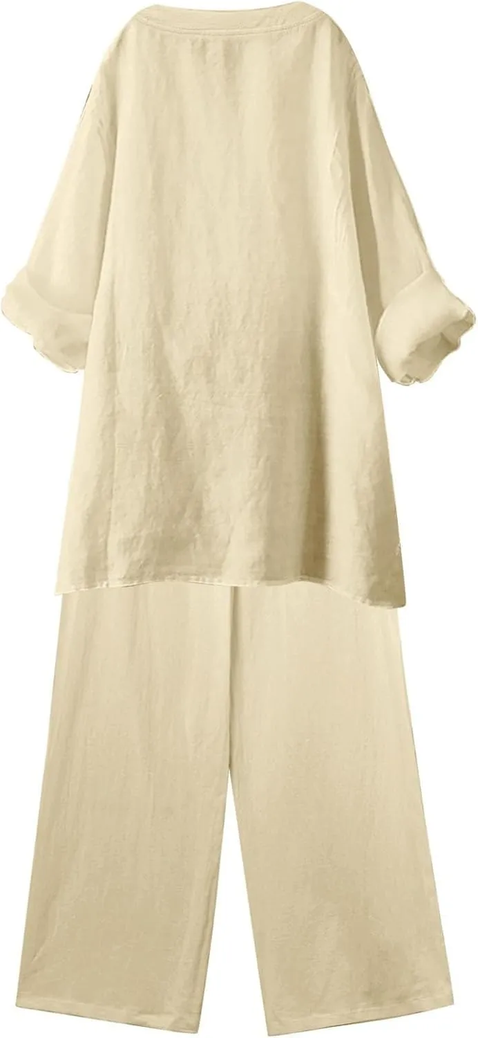 Linen Sets for Women 2 Piece Linen and Cotton Set Plus Size Lounge Matching Business Casual Summer Outfits for Women