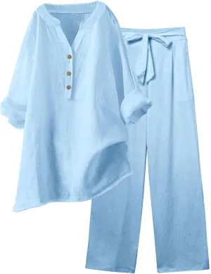 Linen Sets for Women 2 Piece Linen and Cotton Set Plus Size Lounge Matching Business Casual Summer Outfits for Women