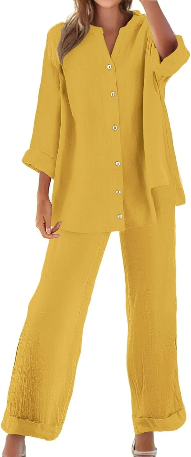 Linen Sets for Women 2 Piece Linen and Cotton Set Plus Size Lounge Matching Business Casual Summer Outfits for Women