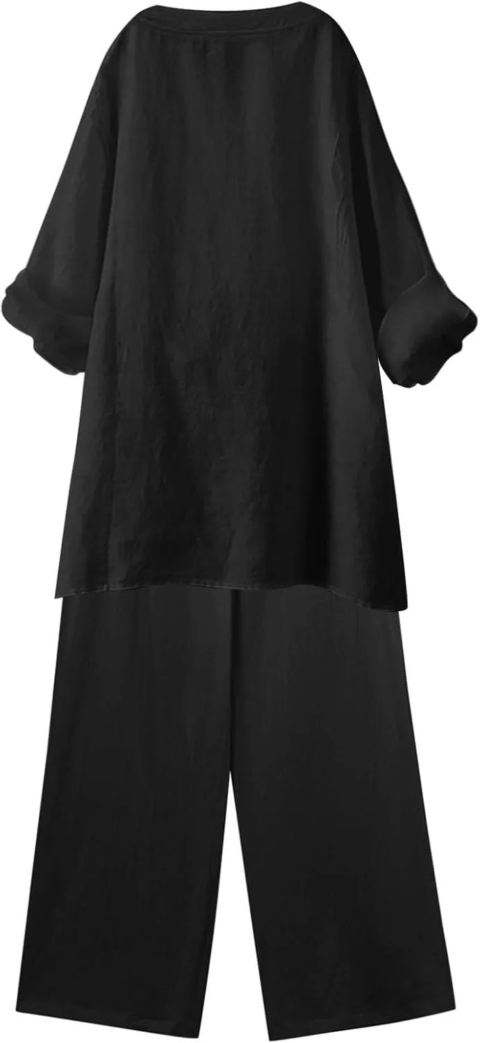 Linen Sets for Women 2 Piece Linen and Cotton Set Plus Size Lounge Matching Business Casual Summer Outfits for Women