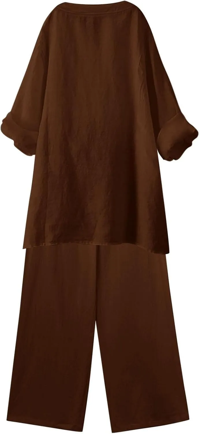 Linen Sets for Women 2 Piece Linen and Cotton Set Plus Size Lounge Matching Business Casual Summer Outfits for Women