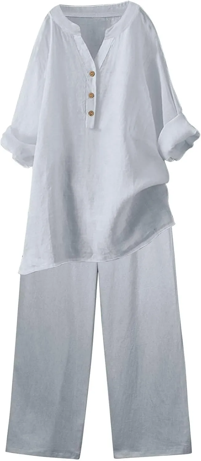 Linen Sets for Women 2 Piece Linen and Cotton Set Plus Size Lounge Matching Business Casual Summer Outfits for Women