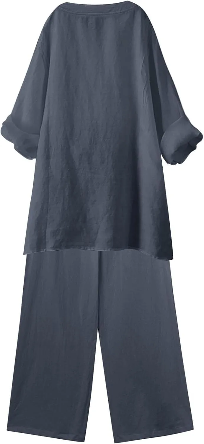 Linen Sets for Women 2 Piece Linen and Cotton Set Plus Size Lounge Matching Business Casual Summer Outfits for Women