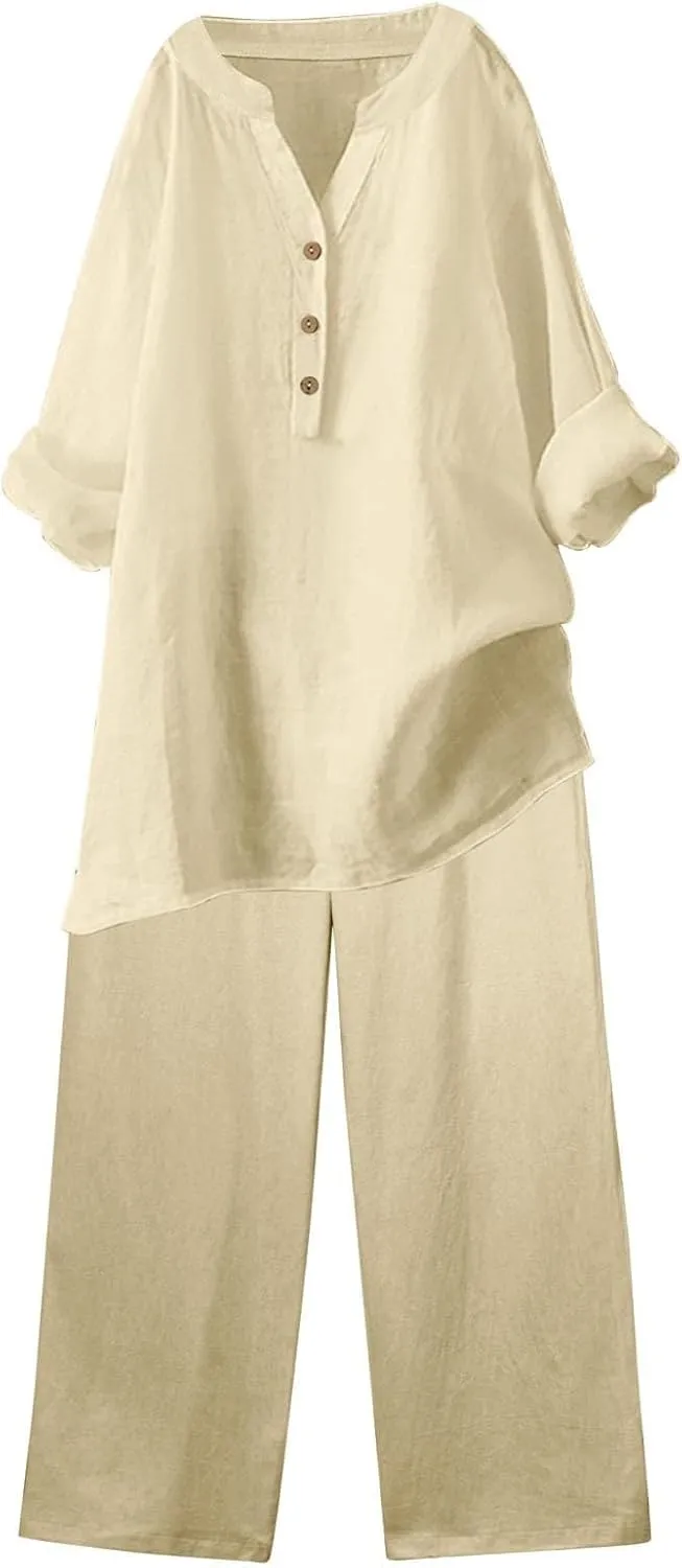 Linen Sets for Women 2 Piece Linen and Cotton Set Plus Size Lounge Matching Business Casual Summer Outfits for Women