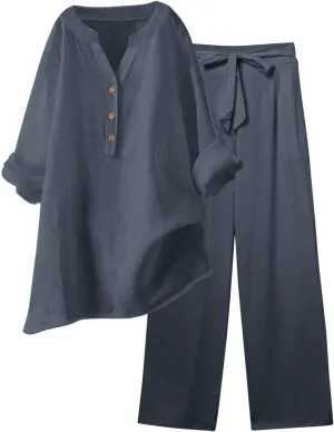 Linen Sets for Women 2 Piece Linen and Cotton Set Plus Size Lounge Matching Business Casual Summer Outfits for Women