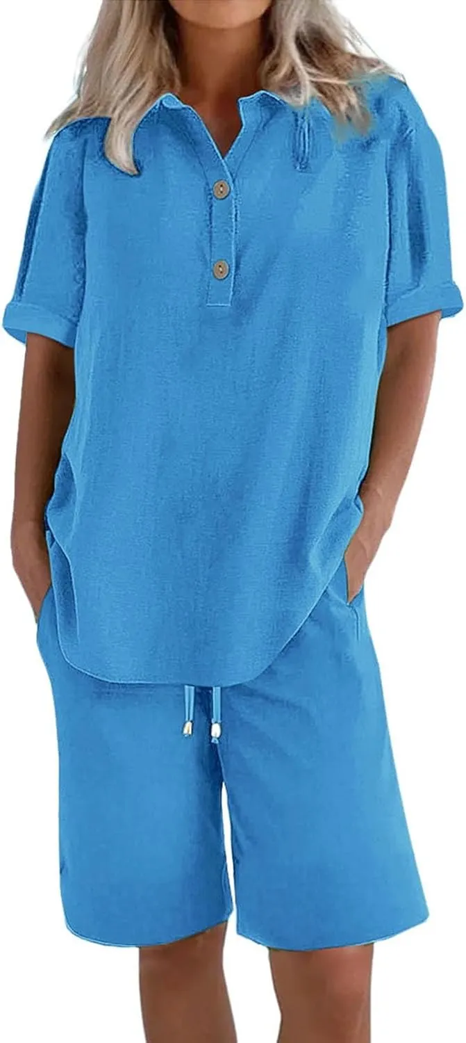 Linen Sets for Women 2 Piece Short Sleeve Shirts and Wide Leg Shorts Loose Fit Casual Cotton Linen Sets Outfit Summer