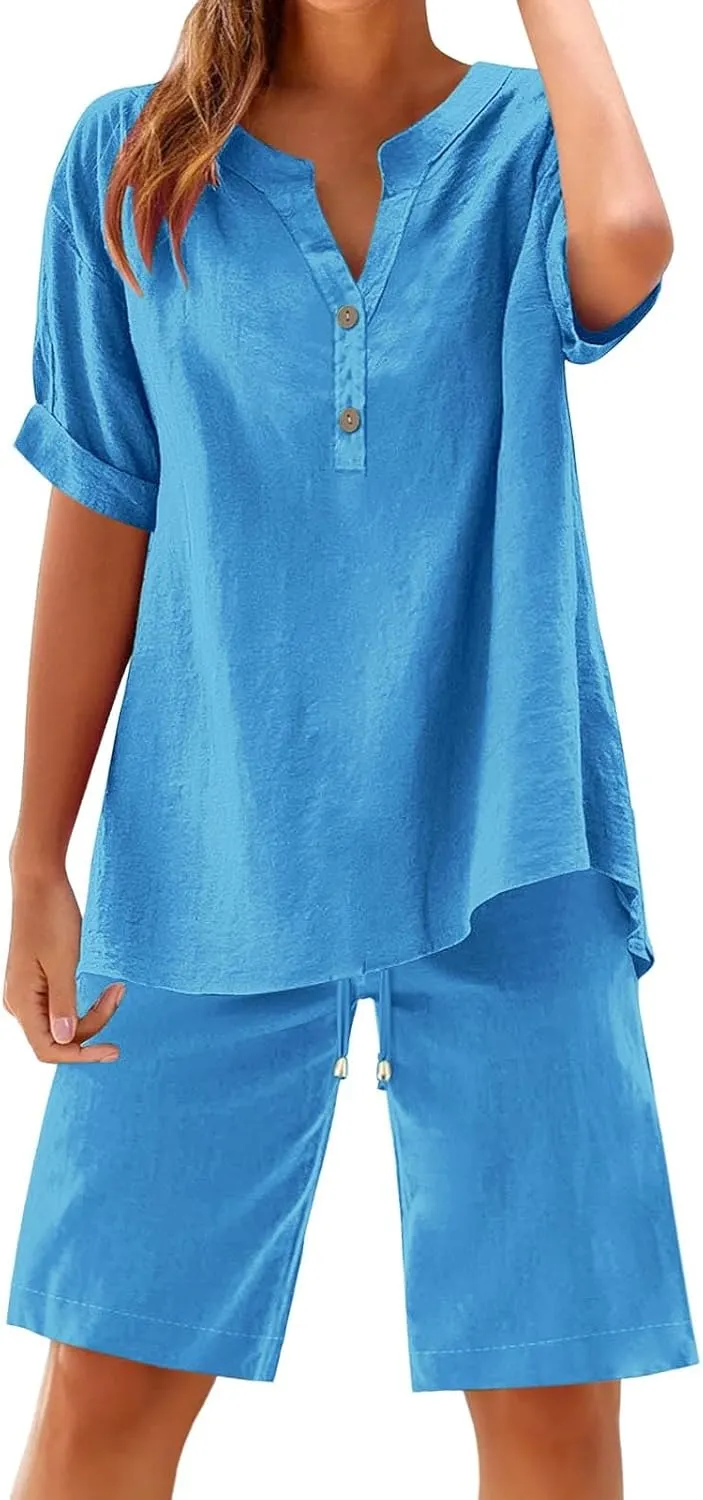 Linen Sets for Women 2 Piece Short Sleeve Shirts and Wide Leg Shorts Loose Fit Casual Cotton Linen Sets Outfit Summer
