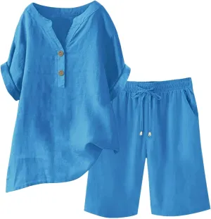 Linen Sets for Women 2 Piece Short Sleeve Shirts and Wide Leg Shorts Loose Fit Casual Cotton Linen Sets Outfit Summer