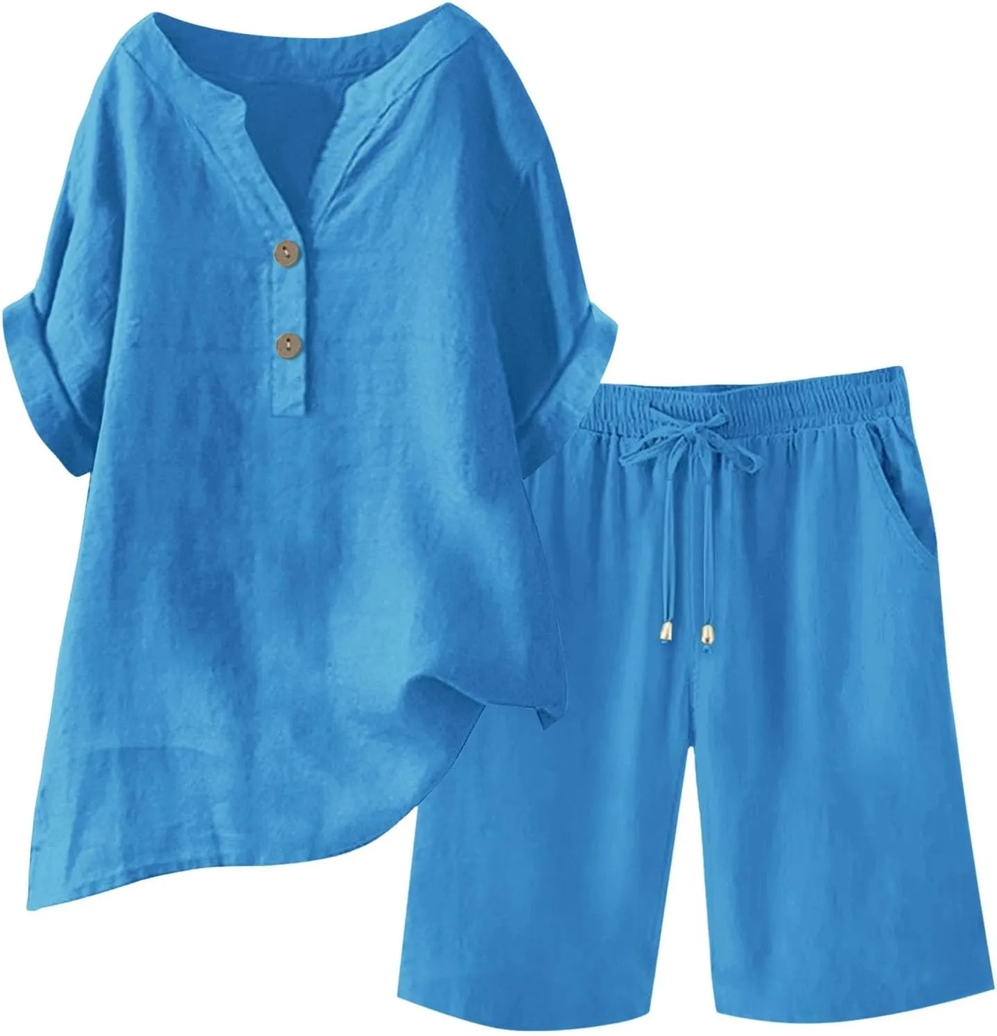 Linen Sets for Women 2 Piece Short Sleeve Shirts and Wide Leg Shorts Loose Fit Casual Cotton Linen Sets Outfit Summer