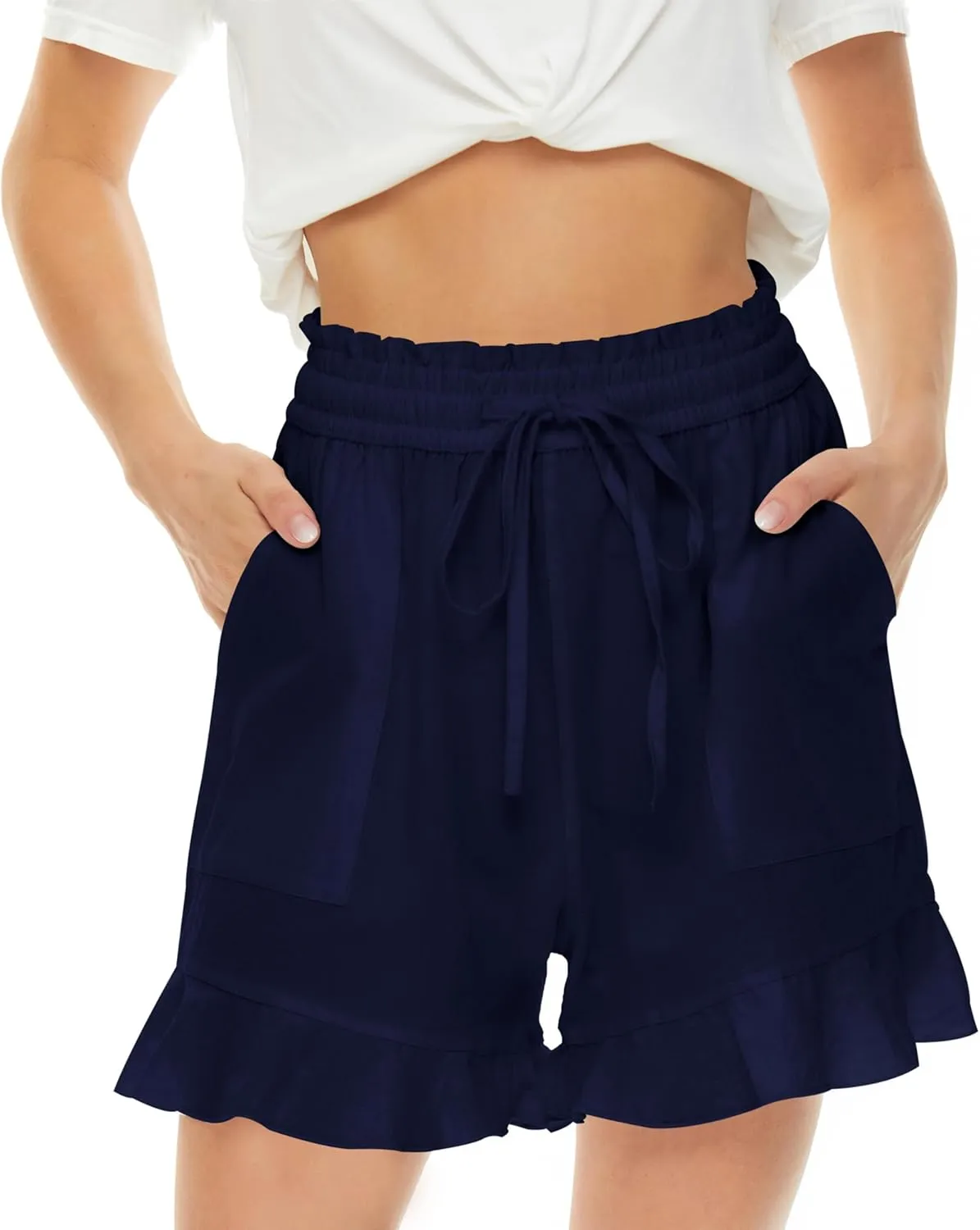 LNX Womens Linen Shorts High Waisted Wide Leg Drawstring Summer Beach Shorts with Pockets