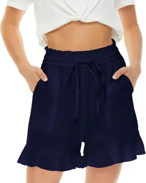 LNX Womens Linen Shorts High Waisted Wide Leg Drawstring Summer Beach Shorts with Pockets